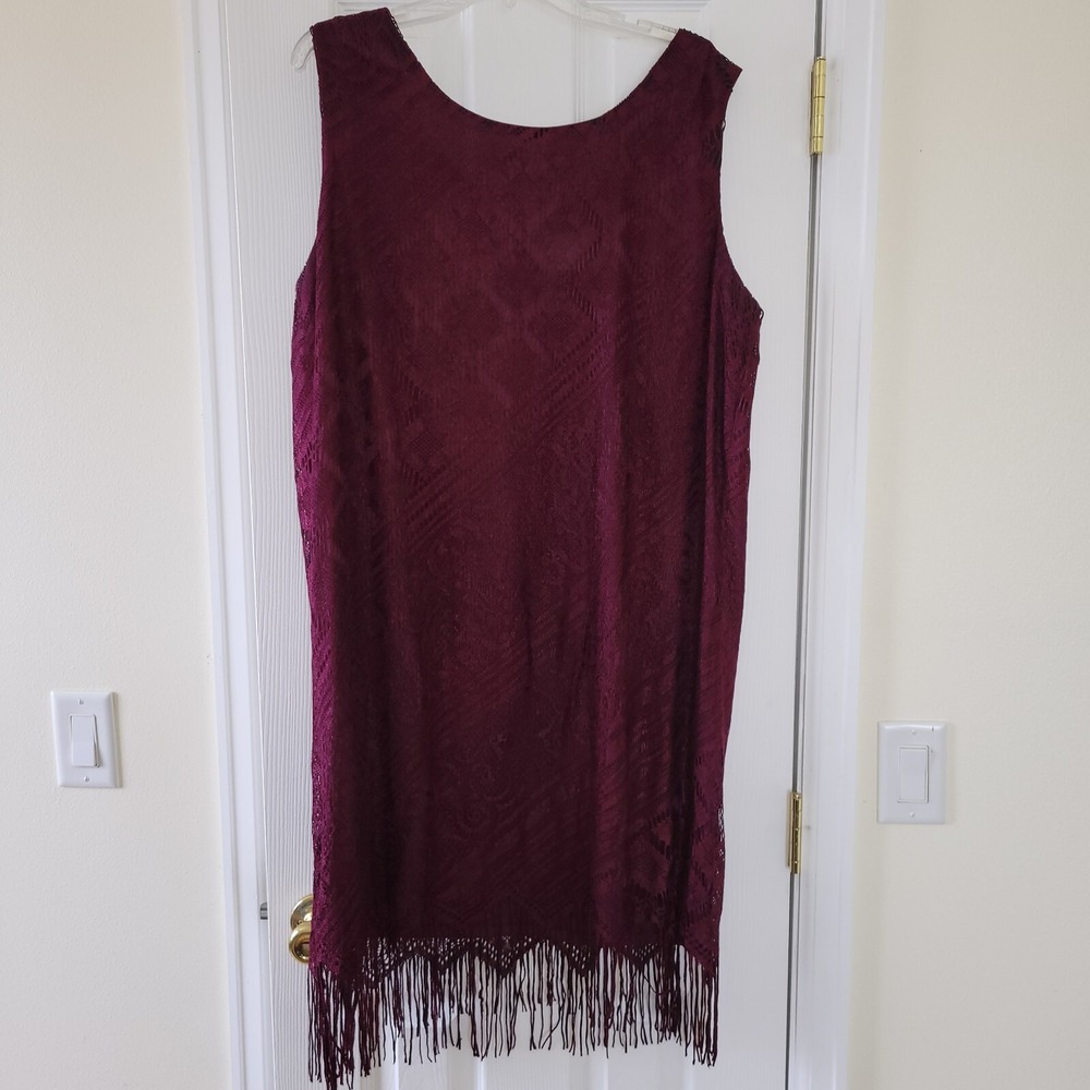 Womens 2pc Dress Set Burgundy Sheath Lace Fringe Size 20W Formal Goth Vamp - Picture 4 of 16